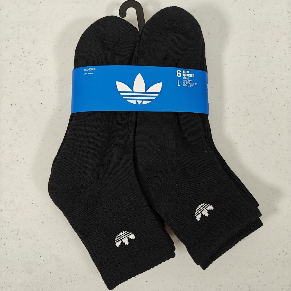 Adidas‎ Originals Trefoil Cushioned High Quarter Socks 6 Pair Black Men's L 6-12